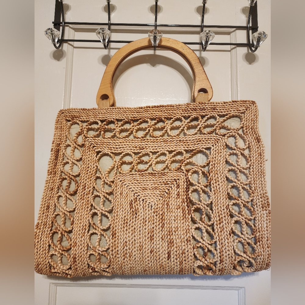 Woven Natural Straw Tote Bag with Wooden Handles